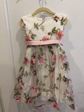 Joan Calabrese White Floral Organza Dress with Pink Floral Accents